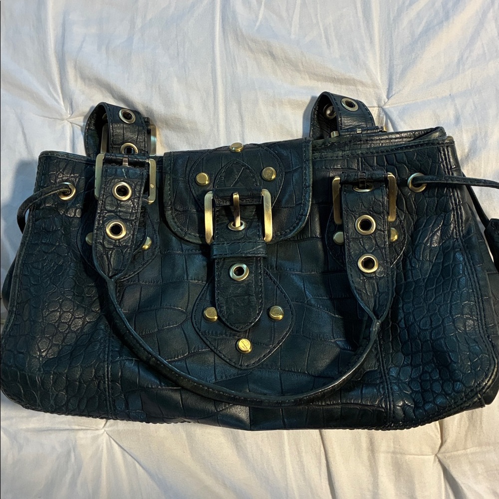 Rafe Dark Green Croc-Embossed Handbag with Gold Accents